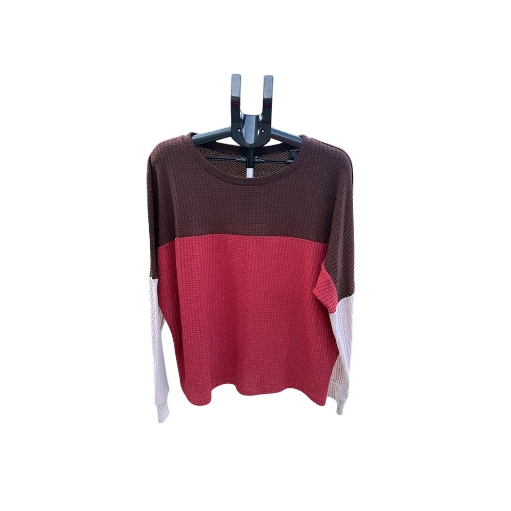 No Boundaries Top Womens Size L Burgundy Brown White Colorblock Waffle